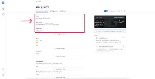 Proxy server settings and credentials displayed on a webpage.