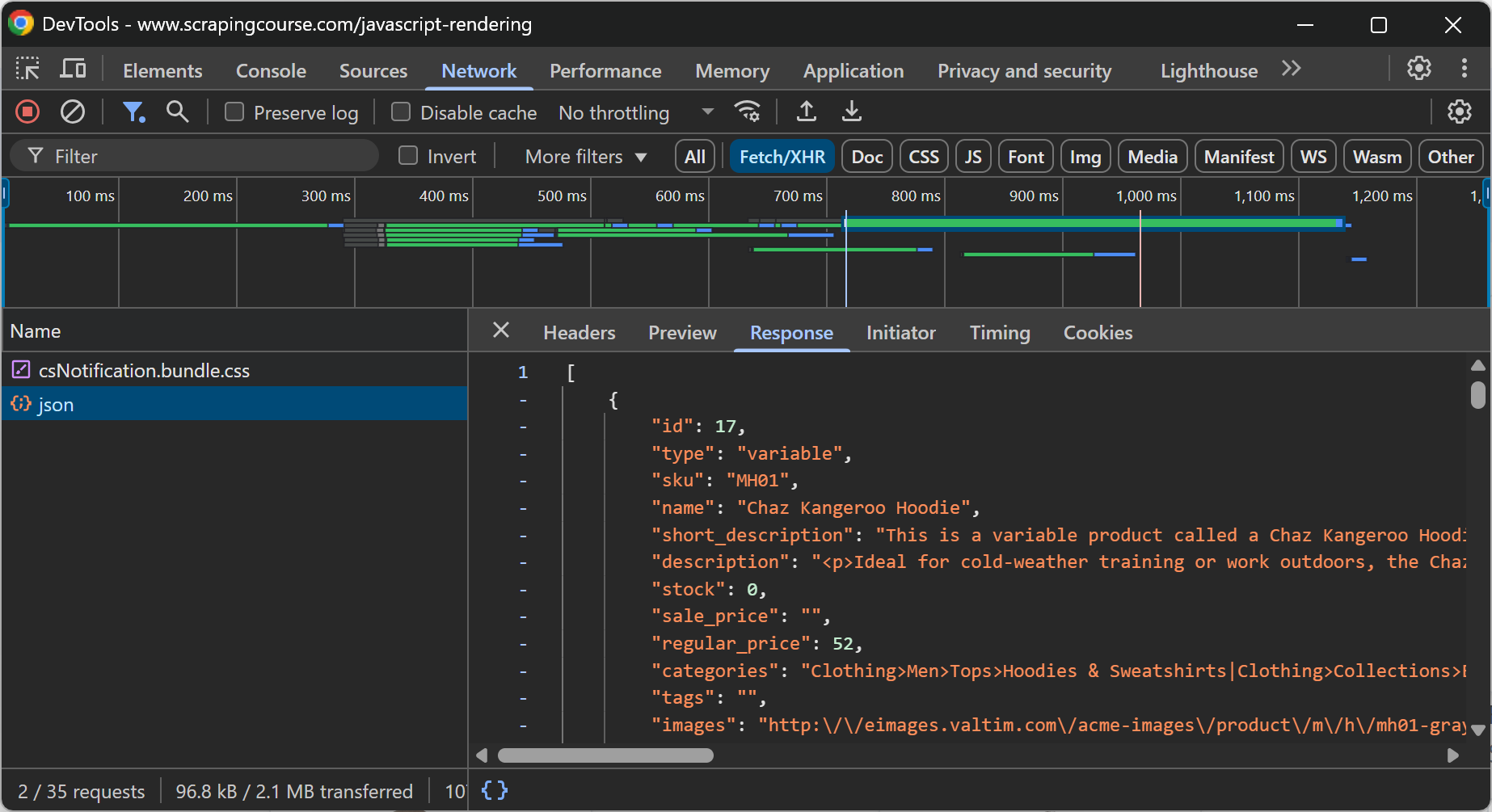 A screenshot of a web developer console displaying the Network tab in Chrome DevTools, showing various requests and the JSON response for a product called 'Chaz Kangaroo Hoodie' with its details such as id, type, SKU, description, stock, sale price, and image URL.
