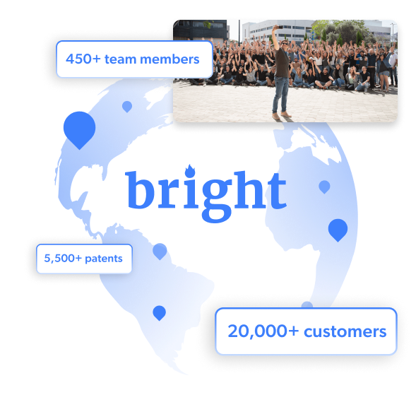 A globe with company statistics and a crowd.