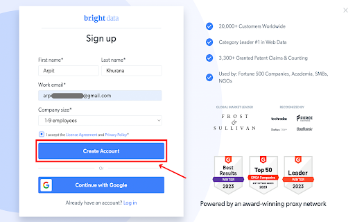 Sign up form for a web data service