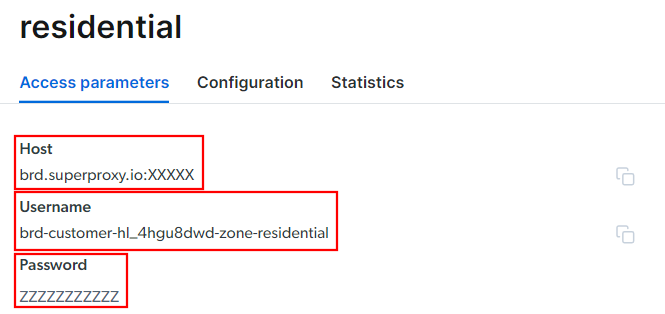 The access parameters for your new zone